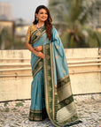 Baby Blue Soft Silk Traditional Zari Contrast Woven Saree