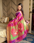Magenta Soft Silk Ikkat Patola Saree with Meenakari Motifs Peacock Pallu and Gold Zari Border