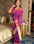 Magenta Soft Silk Ikkat Patola Saree with Meenakari Motifs Peacock Pallu and Gold Zari Border