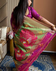 Magenta Soft Silk Ikkat Patola Saree with Meenakari Motifs Peacock Pallu and Gold Zari Border