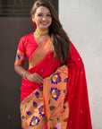 Red Paithani Silk Saree with Half Half Concept Big Border Zari Woven Saree