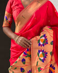 Red Paithani Silk Saree with Half Half Concept Big Border Zari Woven Saree