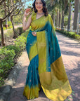Sea Blue Soft Silk Floral Border Contrast Zari Woven Saree