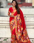 Red Paithani Silk Saree with Half Half Concept Big Border Zari Woven Saree
