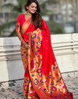 Red Paithani Silk Saree with Half Half Concept Big Border Zari Woven Saree