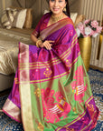Magenta Soft Silk Ikkat Patola Saree with Meenakari Motifs Peacock Pallu and Gold Zari Border