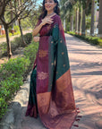 Bottle Green Soft Silk Floral Border Contrast Zari Woven Saree
