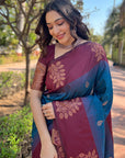 Peacock Blue Soft Silk Floral Border Contrast Zari Woven Saree