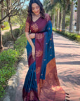 Peacock Blue Soft Silk Floral Border Contrast Zari Woven Saree