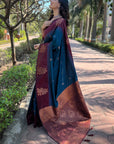 Peacock Blue Soft Silk Floral Border Contrast Zari Woven Saree