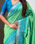 Pista Soft Silk Zari Woven Patola Saree with Contrast Bandhani Weaves