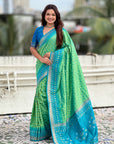 Pista Soft Silk Zari Woven Patola Saree with Contrast Bandhani Weaves