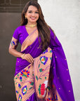 Purple Paithani Silk Saree with Half Half Concept Big Border Zari Woven Saree