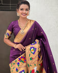 Wine Paithani Silk Saree with Half Half Concept Big Border Zari Woven Saree