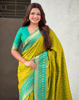 Mehendi Green Soft Silk Zari Woven Patola Saree with Contrast Bandhani Weaves