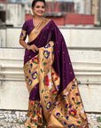 Wine Paithani Silk Saree with Half Half Concept Big Border Zari Woven Saree