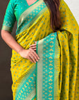 Mehendi Green Soft Silk Zari Woven Patola Saree with Contrast Bandhani Weaves