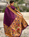 Wine Paithani Silk Saree with Half Half Concept Big Border Zari Woven Saree