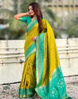 Mehendi Green Soft Silk Zari Woven Patola Saree with Contrast Bandhani Weaves