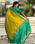 Mehendi Green Soft Silk Zari Woven Patola Saree with Contrast Bandhani Weaves