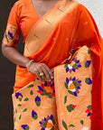 Orange Paithani Silk Saree with Half Half Concept Big Border Zari Woven Saree