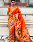 Orange Paithani Silk Saree with Half Half Concept Big Border Zari Woven Saree