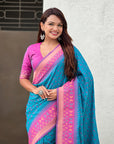 Sky Blue Soft Silk Zari Woven Patola Saree with Contrast Bandhani Weaves