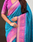Sky Blue Soft Silk Zari Woven Patola Saree with Contrast Bandhani Weaves