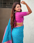 Sky Blue Soft Silk Zari Woven Patola Saree with Contrast Bandhani Weaves