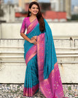 Sky Blue Soft Silk Zari Woven Patola Saree with Contrast Bandhani Weaves