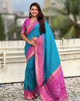 Sky Blue Soft Silk Zari Woven Patola Saree with Contrast Bandhani Weaves
