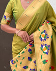 Mehendi Paithani Silk Saree with Half Half Concept Big Border Zari Woven Saree