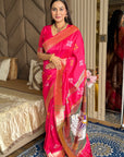 Pink Soft Silk Ikkat Patola Saree with Meenakari Motifs Peacock Pallu and Gold Zari Border