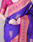 Violet Soft Silk Banarasi Peacock Zari Woven Saree