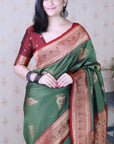 Mehendi Green Soft Silk Banarasi Peacock Zari Woven Saree