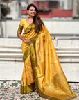 Yellow Soft Silk Dusty Concept Zig Zag Zari Woven Saree