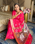 Pink Soft Silk Ikkat Patola Saree with Meenakari Motifs Peacock Pallu and Gold Zari Border