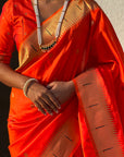 Orange Zari Woven Vitthala God Special Traditional Paithani Silk Saree