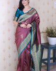 Coral Pink Soft Silk Banarasi Peacock Zari Woven Saree