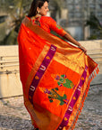 Orange Zari Woven Vitthala God Special Traditional Paithani Silk Saree