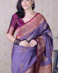 Lavender Soft Silk Banarasi Peacock Zari Woven Saree