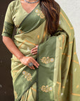Pista Green Soft Silk Dusty Concept Zig Zag Zari Woven Saree