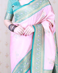 Baby Pink Soft Silk Banarasi Peacock Zari Woven Saree