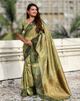Pista Green Soft Silk Dusty Concept Zig Zag Zari Woven Saree