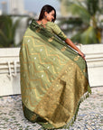 Pista Green Soft Silk Dusty Concept Zig Zag Zari Woven Saree