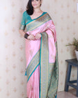 Baby Pink Soft Silk Banarasi Peacock Zari Woven Saree