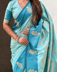 Sky Blue Soft Silk Dusty Concept Zig Zag Zari Woven Saree