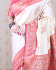 Cream Soft Silk Banarasi Peacock Zari Woven Saree