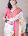 Cream Soft Silk Banarasi Peacock Zari Woven Saree