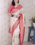 Cream Soft Silk Banarasi Peacock Zari Woven Saree